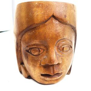 Vintage Tiki Hand Carved Face Wooden Coffee Mug Cup